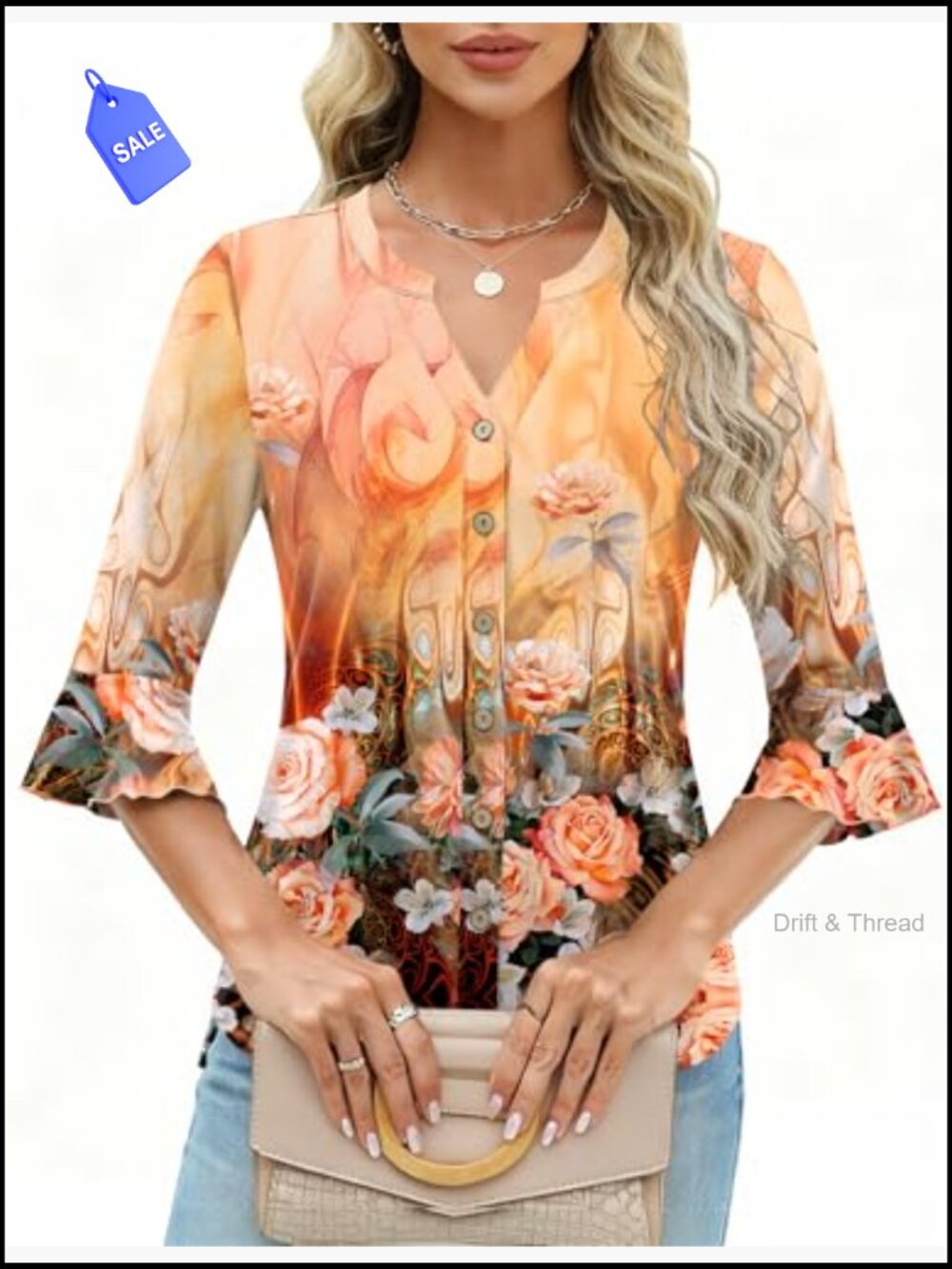 3/4 Sleeve V-Neck Button Down Tunic Tops Women Casual Blouse Ruffle Bell Sleeve - Picture 2 of 7